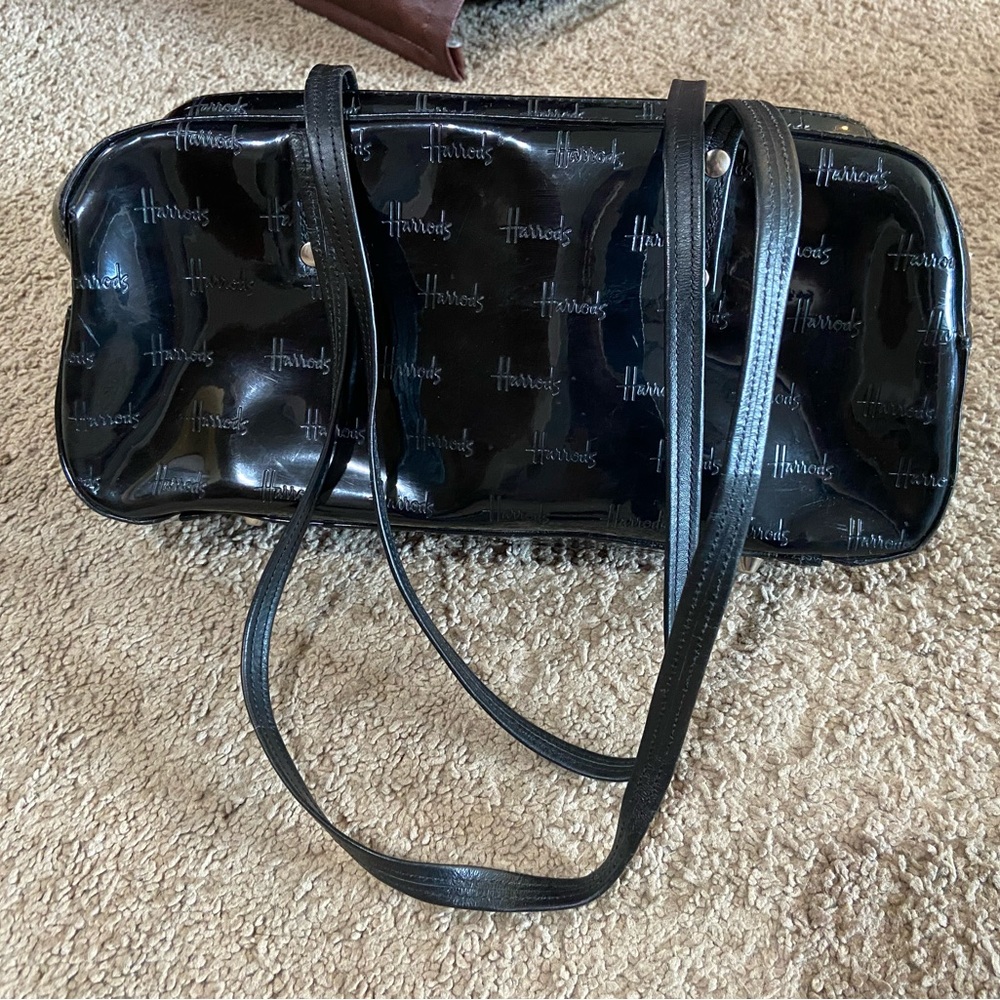 Vintage HARRODS Knightsbridge London BLACK PATENT PVC EMBOSSED SHOULDER BAG